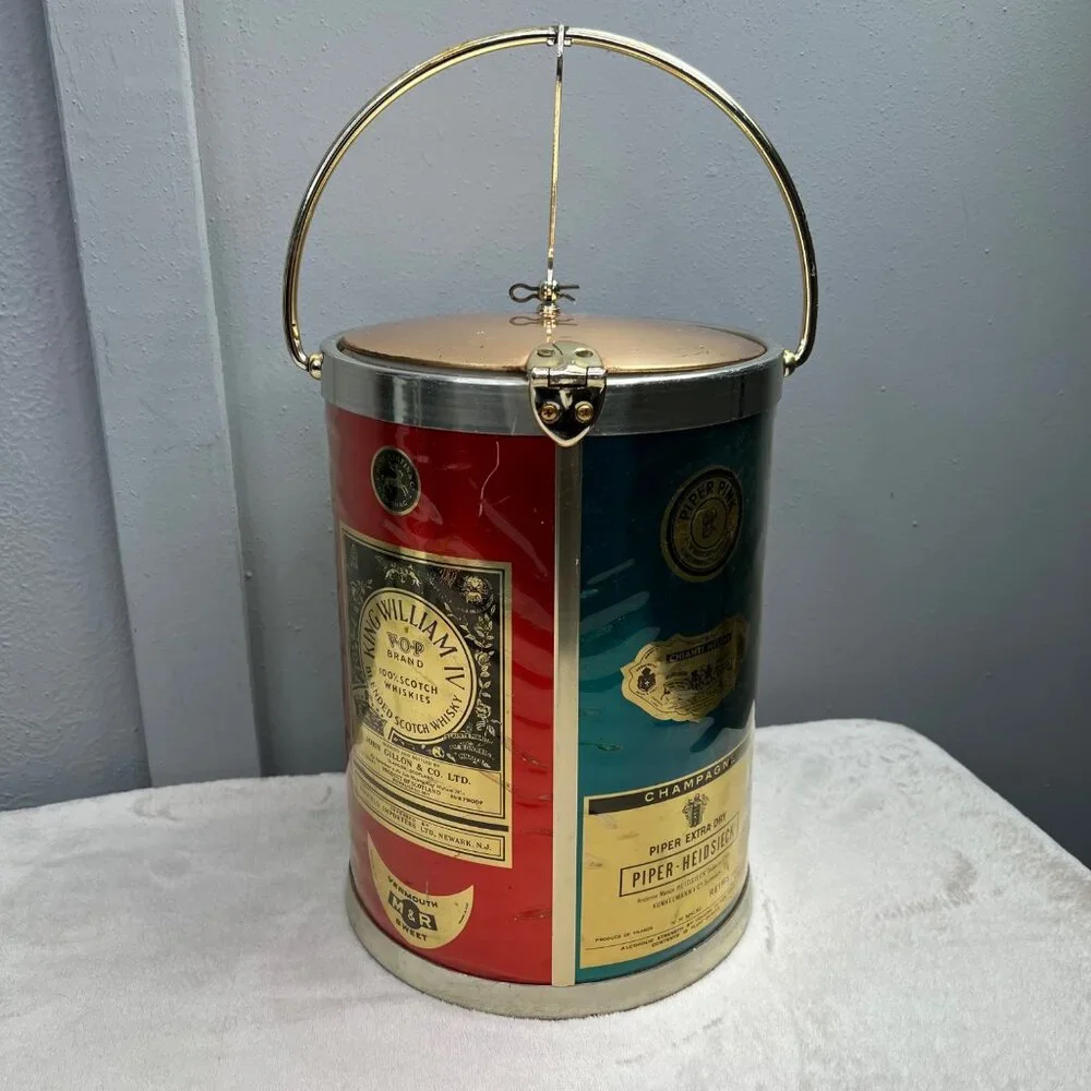 Vintage Kraftware Ice Bucket Martini Rossi King William Piper Gold Tone Flip Lid